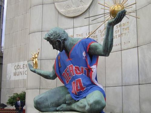 Detroit Spirit - The Spirit of Detroit Statue dressed up in the Pistons jersey, right around when the Pistons won the NBA Championship.
