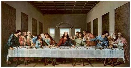 The Last Supper by Leonardo Da Vini - According to the book Da Vinci Code the one on the right side of Jesus is Mary Magdalene and the letter M that was forming in the background supposedly represents the sacred feminity of Mary Magdalene and that because there is no chalice in the backgound Mary Magdalene is the one referred to as the grail.