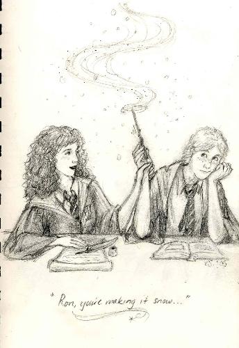 Won won and hermoine. - Ron, You are making it snow. Drawing of Ron and Hermoine in class.