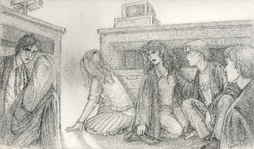 A drawing of everybody in the harry potter series  - A drawing of everybody in the DA I think hiding under the table in one of the class rooms.