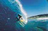 Surfing - When a swell passes over a sudden steep slope, the force of the upthrust causes the top of the wave to be thrown forward, forming a curtain of water which plunges to the wave trough below. Secondly, the alignment of the contours relative to the swell direction determines the duration of the breaking process.
