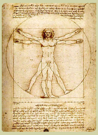 the virtruvian man - in the novel, jaques sauniere, the curator of the louvre arranges his body according to this drawing by da vinci to proclaim in a secretive manner a message to sophie and robert.