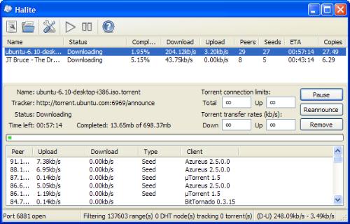 A screenshot of Halite in action. - A screenshot of the new-ish BitTorrent client Halite in use. You can download it here; http://www.binarynotions.com/halite.php.
