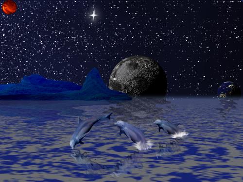 wallpaper - this is a picture i created, i use it as my wallpaper, the dolphins were created in poser 6, and the rest was done photoshop 7