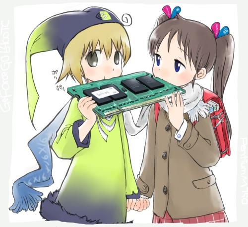 cute anime3 - this is a cute picture of 2 anime kids chewing on a computer chip.