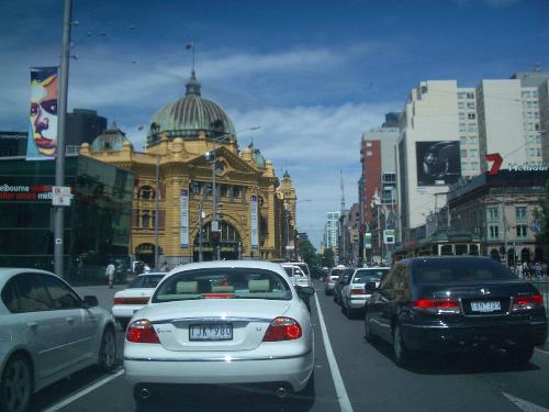 Flinders street train station Melbourne Victoria A - Flinders street train station looking West as I was about to turn left and South across the Yarra river. Melbourne, Victoria, Australia. Jan, 2007.