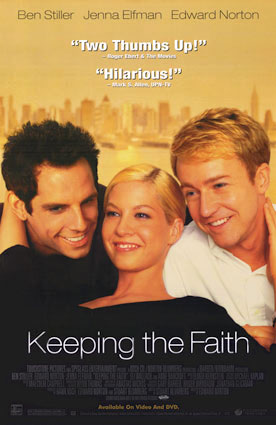 Keeping the faith - Best friends since they were kids,Jake Schram and Brian Kilkenny,are single,successful,handsome and confident young men living on new york's upside west side.When Anna Reilly once their childhood friend and now grown into a beautiful corporate executive returns to the city,she re-enters into Jake's and Brian's lives and hearts with a vengeance.Sparks fly and unusual complicated love triangle is created because Brian happens to be a Roman Catholic priest and Jake a rabbi.