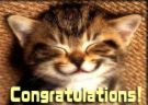 congratulations - a kitten smailling at you and congratulations at the bottom in writing.