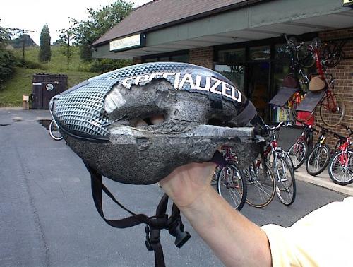 Bike Helmet - This is what a bike helmet looks like after being involved in a bike accident.  Just imagine what someones's head would look like if they were not wearing a helmet.