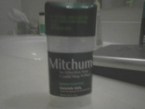 Mitchum deodorant - Mitchum is the only brand that I like and can use due to allergies with other brand names.  This works very well for me and could go a couple days without it, though I put it on every day after showering.
