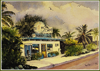 Tropical cafe in the Florida Keys - This is a drawing of a typical tropical cafe in the Florida Keys.  I lived there for 10 years, and loved it while I was there.  Now that I'm back home in the mountains, I miss it now and then.  Especially when it snows up here.