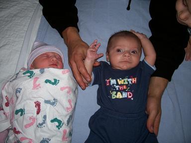 kaylee and ayden - this is a picture of kaylee(mydaughter) and my friends son ayden. this was right after she was born in the hospital. ayden was almost 2 months then!