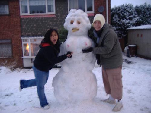 Snowlady has'no balls! hehe - It's my wife and our friend after building the snowlady as an act of feminism... er not really, we just did it for fun! haha.
