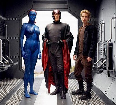 mystique-magneto-pyro - this scene appears in xmen 3 just after magneto frees mystique. actually isn't that a blooper in the movie?? in 1 of the mystique comics, they showed that she can free herself from handcuffs by morphing (read: narrowing) her hands...