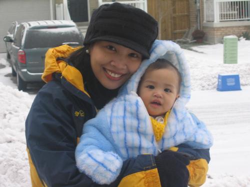 summer's winter - me and my baby outside our home in canada