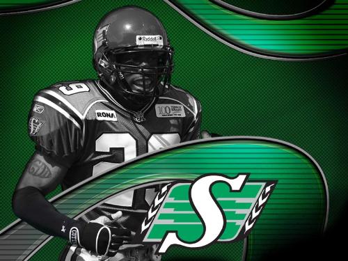 eddie davis - picture of saskatachewan defensive back eddie davis with rider logo on the bottom