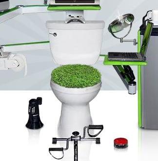 a technologic WC - a tech toilet, with computer with Flat screen, computer, refrigerator, a machine to pedal and many other gadgets