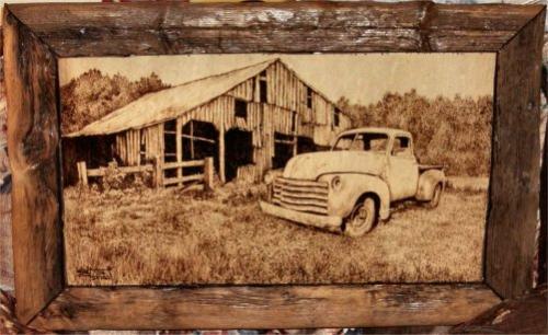 Barn and chevy truck - This is a picture of my father in laws art work. Burned into natural wood free handed. No inks or pencil ever used. He is wonderful.