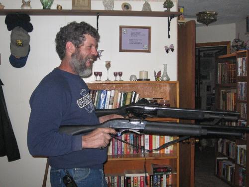 DOUBLE BARREL MIKE... - Just showing off for the camera.  But the scary thing is he can really shoot two at a time, just like in the old west.
