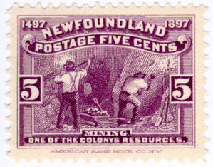World's first postage stamp. - World's first postage stamp,printed in Newfoundland in 1897 featuring mining works..