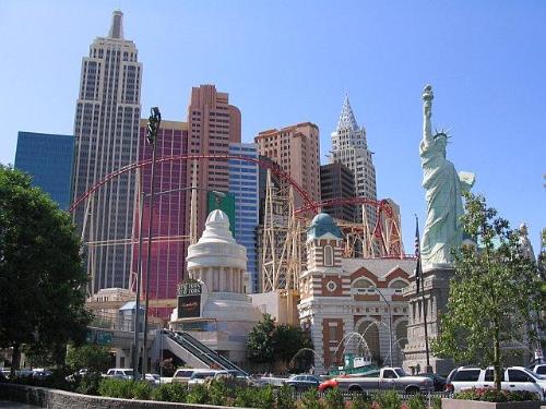 New York, New York Hotel and Casino - Front of New York, New York Hotel and Casino with roller coaster.