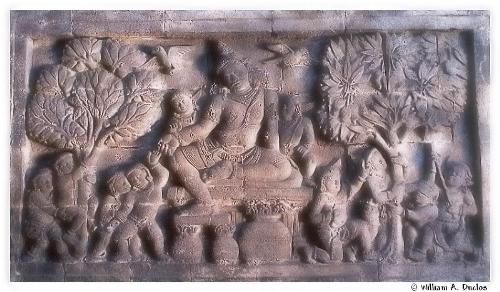 Borobudur low-relief - Borobudur is a high place of Buddhism of the Southeast Asia, located on the Java island , not far from Yogyakarta. It was set up around 800 AC, by the sovereigns of the Cailendra dynasty . Borobudur is an immense stone monument (side : 123 meters and high : 42 meters), at the same time in the shape of Stupa, Mandala and Temple Mountain. These low-reliefs evoke in images the life of the historical Buddha Sakyamuni.Deserted into 950 and covered little by little by the tropical vegetation, Borobudur was rediscovered in 1814 by Sir Thomas raffles which then made release the monument and join together the scattered parts around the site. In 1968, the indonesian government called upon UNESCO which decided to save Borobudur in 1973. It was then necessary to dismount three million stones, 1460 low-reliefs carved on 4km of walls, 173 stupas and 504 statues of Buddhist divinities. The work was completed in 1985.