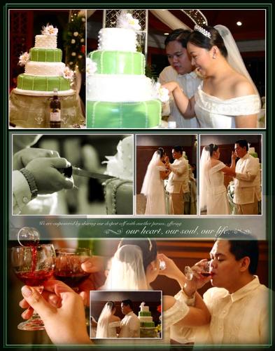 wedding reception - depicts picture of a newly-wed couple drinking wine and sharing a piece of cake
