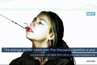 hooked on smoking - girl with hook in mouth, anti-smoking campaign