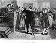 Salem witch trials - 1876 illustration of the courtroom; the central figure is usually identified as Mary Walcott