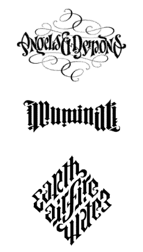 Angels and demons - This is the speciality of te illuminatis...they can write a word in such a fashion that when seenn in reverse would look the same...dont believe me...check it out for yourself...  the words here are:-  Angels &Demons  Illuminati  Earth airfire water
