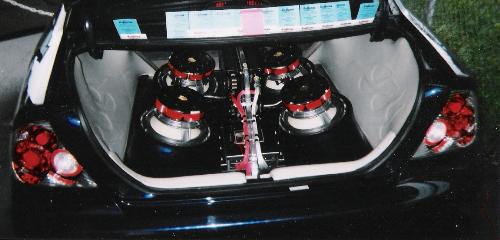 the trunk of the car - nice speakers i guess they dont need storage space.