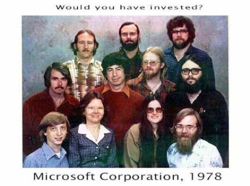 Microsoft 1978 - A picture of the Microsoft team in 1978.  The top row is Steve Wood, Bob Wallace, Jim Lane. Middle row: Bob O'Rear, Bob Greenberg, Marc McDonald, Gordon Letwin. Bottom row: Bill Gates, Andrea Lewis, Marla Wood, Paul Allen.