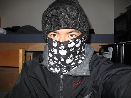 Dressed up for snowboarding - This is me in half mask and beanie.