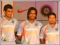 new WC jersey for team india - Team India&#039;s World Cup jersey was unveiled in Mumbai on Tuesday. Nike was given the contract for dressing the Men in Blue last year. 

Rahul Dravid&#039;s men were at a function in Mumbai, displaying the jersey they will sport during India&#039;s cup campaign. Nike claims that the new apparel is 15 per cent lighter than the earlier one and is capable of keeping body temperatures down to comfortable levels.

India leave for the West Indies on March 1 and the team plays its opening match against Bangladesh on March 17. 
