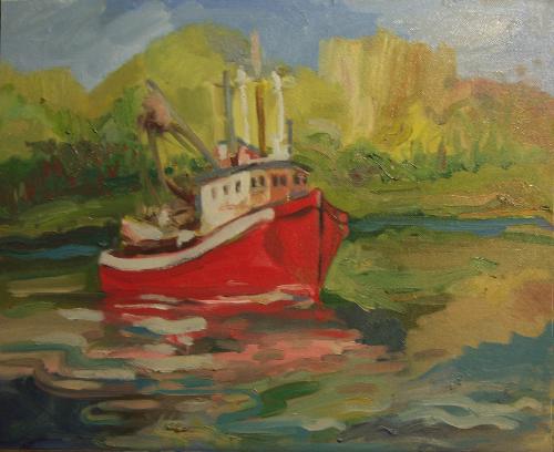 Boat - Fishing boat on York river. Original painting. Size 16 x 20. Oil on board.