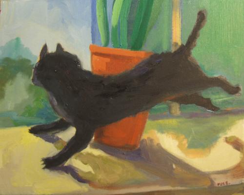 Cat jumping out the open window - Original oil painting. Size 16 x 20. Oil on board.