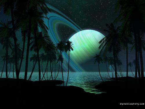 Space - Beautiful Saturn View between trees and ocean