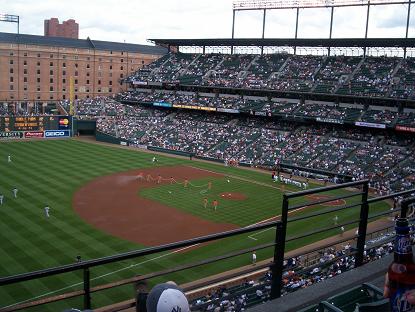 Baltimore Orioles - A look at the Camden Yards warhouses and the field from the upper deck of Oriole Park at Camden Yards during a game versus the New York Yankees.