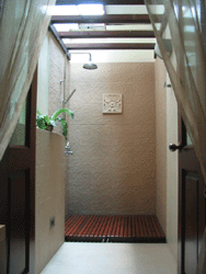 Outdoor Shower - I turned a non-functional air-well into the highlight of my house -- a sensational outdoor shower! It has an oversized rainshower head and a view of the sky above.