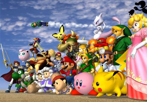 Super Smash Brothers Melee - This is the title page for super smash brothers melee, a very poupular game for the nintendo gamecube. It is very well known as the best multiplayer game for the gamecube, and offers a very good amount of single player also. This photo includes most of but not all playable characters.