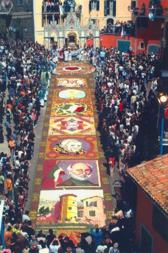 'Infiorata' - The 'Infiorata' in Gerano,a small town in the Tiburtinian-Sublacensiansis area of Lazio,has taken place continuosly since 1720 and is therefore famous as the oldest in Italy.(How the Italians love superlatives,the biggest,the oldest ,the greatest......etc.).Even during troublet times the people of Gerano decorated their streets on the Sunday after the Feast of St Mark,April 25.For 274 years now they annualy honour the Madonna del Cuore (Our Lady of the Heart)whose image was painted by Sebastiano Conca in 1726.It can be found above the main altar of the church Of Santa Maria Assunta in the centre of the town. Th e 'Infiorata' is one of Italy's most colurful and popular  traditions.An 'Infiorata' has come to mean carpets of maintly flower petals formed intocolourful and decorative desagns and laid out along the streets.