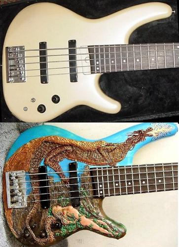 Steve's Bass Guitar - This is a design I sculpted for Steve's bass. It's made from polymer clay. I created it in sections on glass and transferred them onto the guitar. I had to do it in sections because Steve didn't want to take the strings off. There is no damage to the guitar itself, it sticks to the guitar like a window cling and can be easily removed.