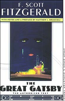 The great gatsby, a book cover - This is the cover for the book, entitled the Great Gatsby. This is a book written in the 1900's, but recent enough to be in modern English. It is a staple, or commonly read book, in many high schools throughout north America, and is one of the most influential writings from the time period.
