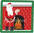 Santaclause - A man dressed in a santaclause outfitkeeping himself warm infront of a fire place.The feeling of christmas is spread all arround.