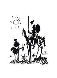 don quixote - don quixote and sancho panza amidst the windmills of la mancha; done by picasso