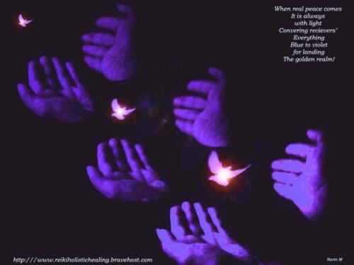 Reiki Peace and Light - Reiki is a healing energy and it flows through hands. Here in this photo art healing hands are flowing Reiki and providing peace and light to the needful person! It is symbolizing with purple hands and flying bird!