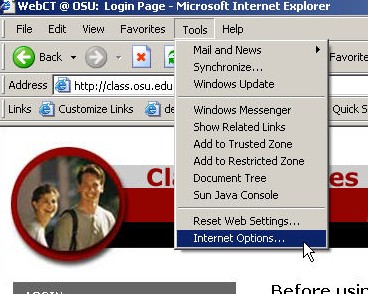 Internet settings. - The instructions that follow explain how to configure the Internet Explorer 6 pop-up blocker that comes with the latest service pack for Windows XP (SP2). You will need to add an entry to allow pop-up windows from WebCT, as well as for any other sites you use with legitimate pop-up windows.  Note: If you're using a different popup blocker, please refer to the product's documentation for information on allowing pop-up windows from certain sites.  1. In Internet Explorer, click on the Tools Menu and select Internet Options.  2. The 'Internet Properties' window opens.  3. Click on the Privacy tab.  4. Click on the Settings button under Pop-up Blocker. In the 'Address of Web site to allow' field, enter class.osu.edu and click the Add button. Select the desired notifications and filter level from the Filter Level options. When finished, click on Close. You may want to add osu.edu and ohio-state.edu for other Ohio State sites that use pop-up windows. If you use OSU's administrative systems, you should also add erp.ohio-state.edu . Click Close and OK to finish.