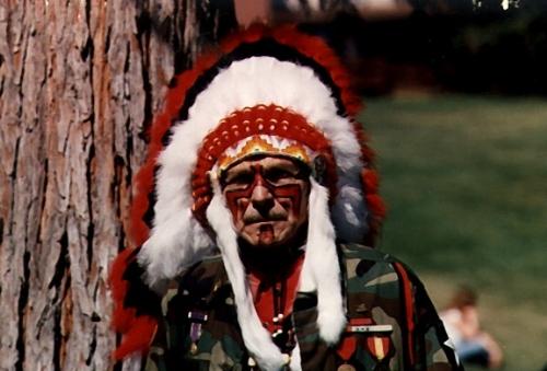 honoring combat vet's pow wow - in full regalia with field jacket