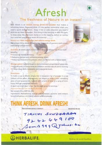 drink afresh - think afresh - 50gms PROVIDES 50 SERVINGS WITH THE RECOMMENDED 1gm per serving (1/2 tea spoon). Rejuvenates the subject with bubling with instant energy!! can be taken both HOT and COLD