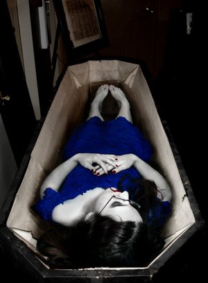 vampire - Sleeping peacefully in her coffin after a night of drinking blood.